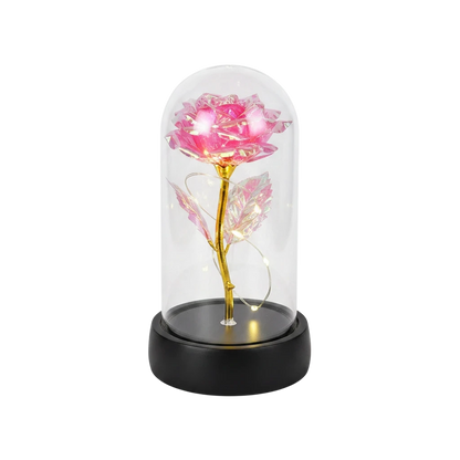 MieleGifts light up pink rose in a clear plastic dome with warm LED fairy lights and a black base