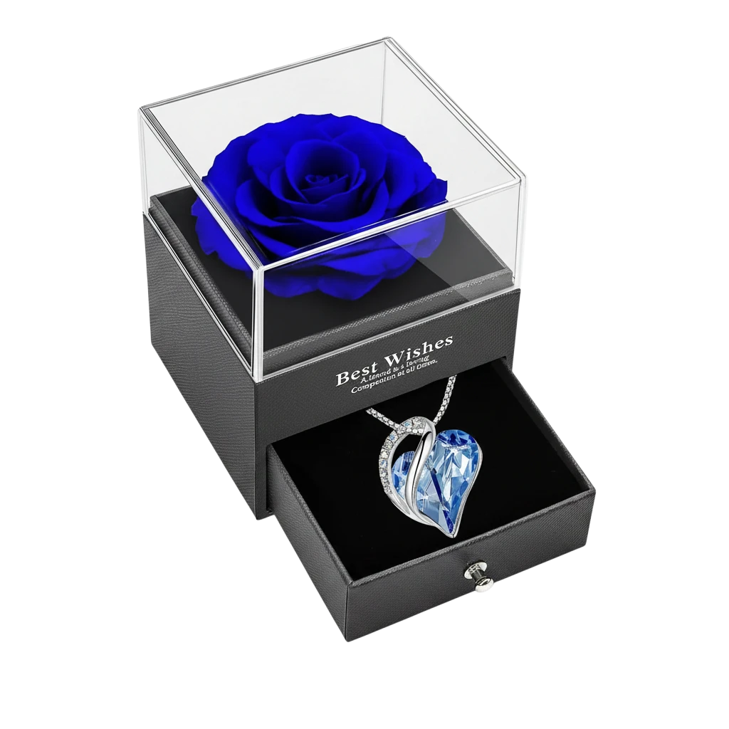MieleGifts preserved blue rose in a black display box with a matching blue crystal heart necklace in the pull-out drawer