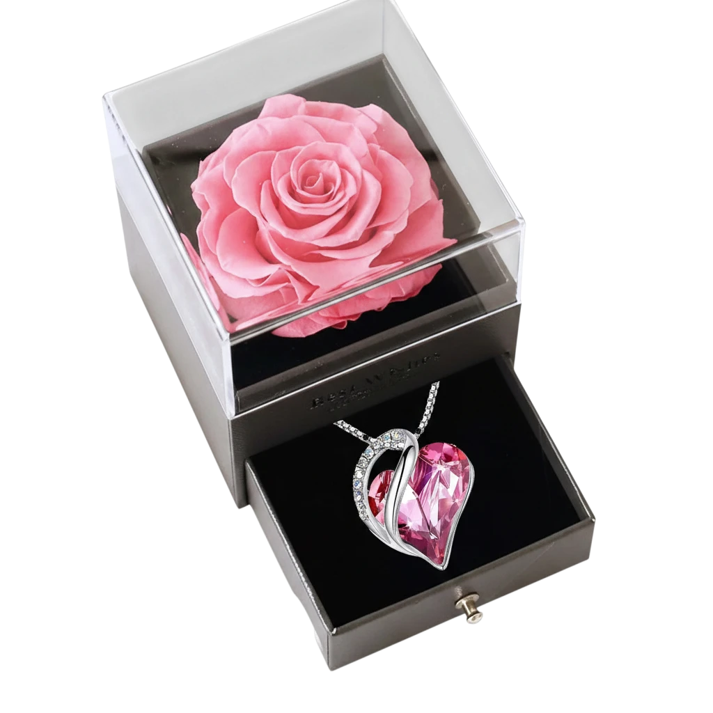 MieleGifts preserved pink rose in a black gift box with a pull-out drawer containing a crystal heart pendant necklace