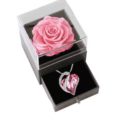 MieleGifts preserved pink rose in a black gift box with a pull-out drawer containing a crystal heart pendant necklace