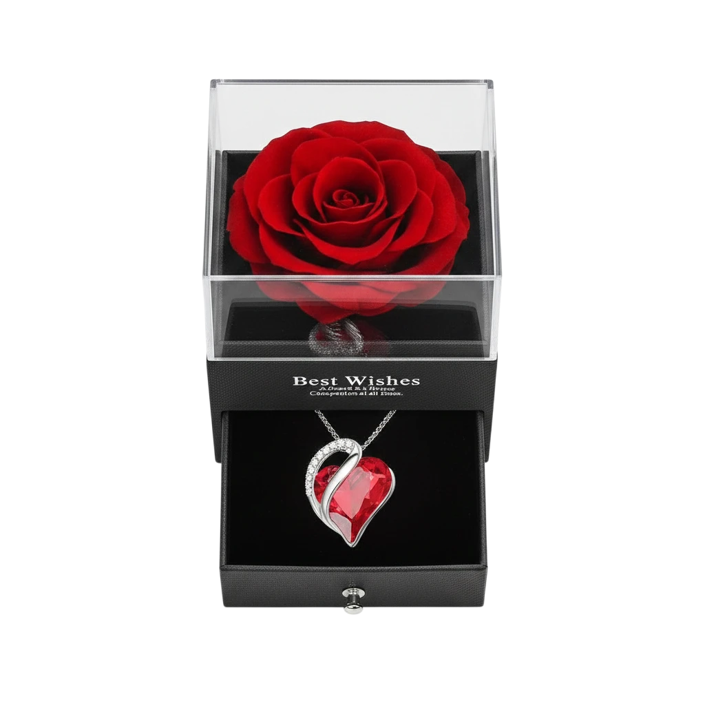 MieleGifts preserved red rose in a black display box with a hidden drawer containing a crystal heart necklace.