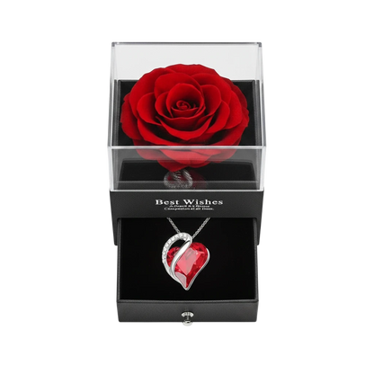 MieleGifts preserved red rose in a black display box with a hidden drawer containing a crystal heart necklace.