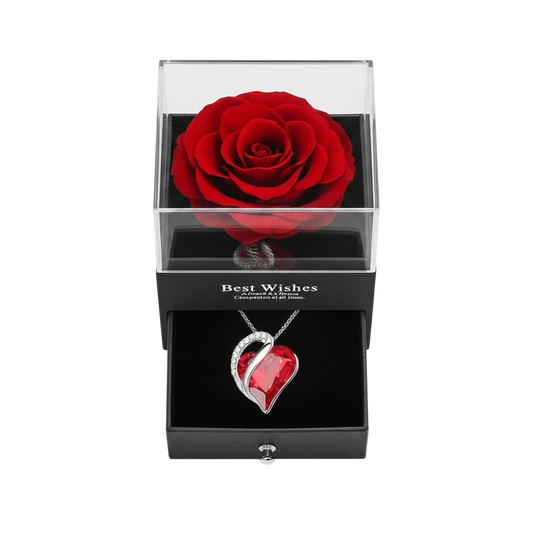 MieleGifts preserved red rose in a black display box with a hidden drawer containing a crystal heart necklace.