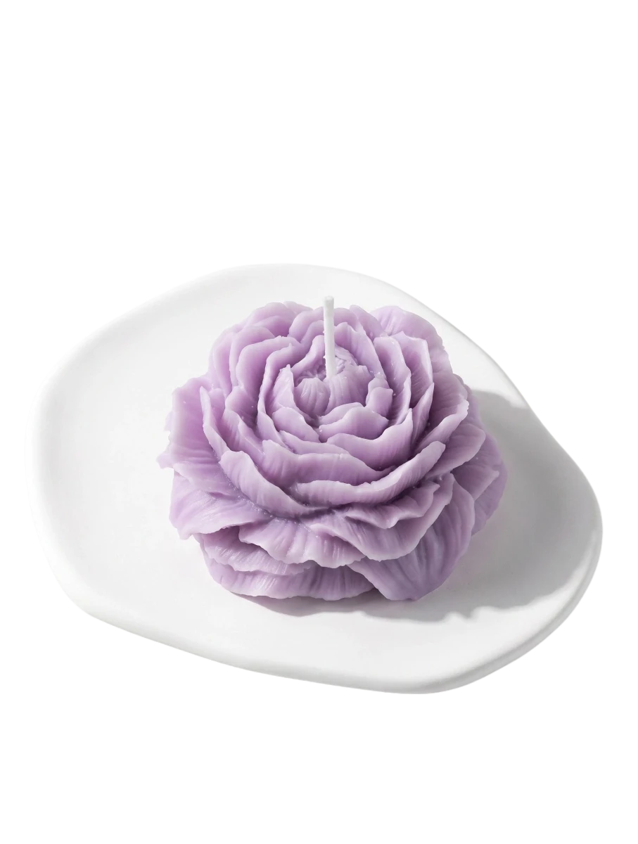 MieleGifts purple peony flower shaped soy wax candle on a small white ceramic tray