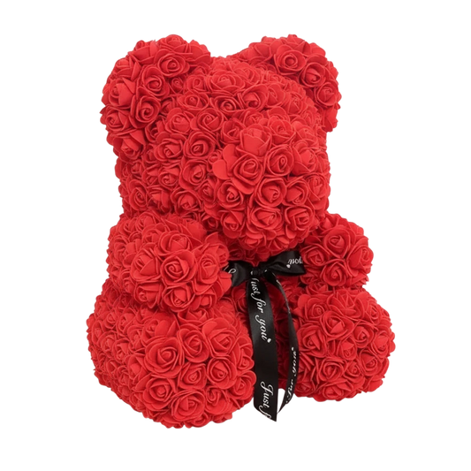 MieleGifts red rose teddy bear made of PE foam flowers with a black Just For You satin ribbon bow.