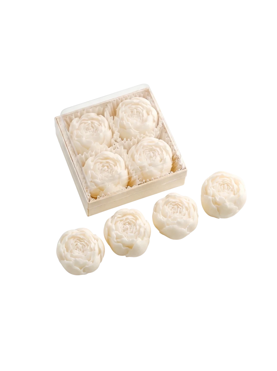 MieleGifts white miniature rose-shaped soy wax scented candles in a clear display box on a white background.