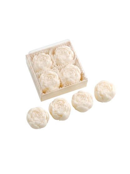 MieleGifts white miniature rose-shaped soy wax scented candles in a clear display box on a white background.